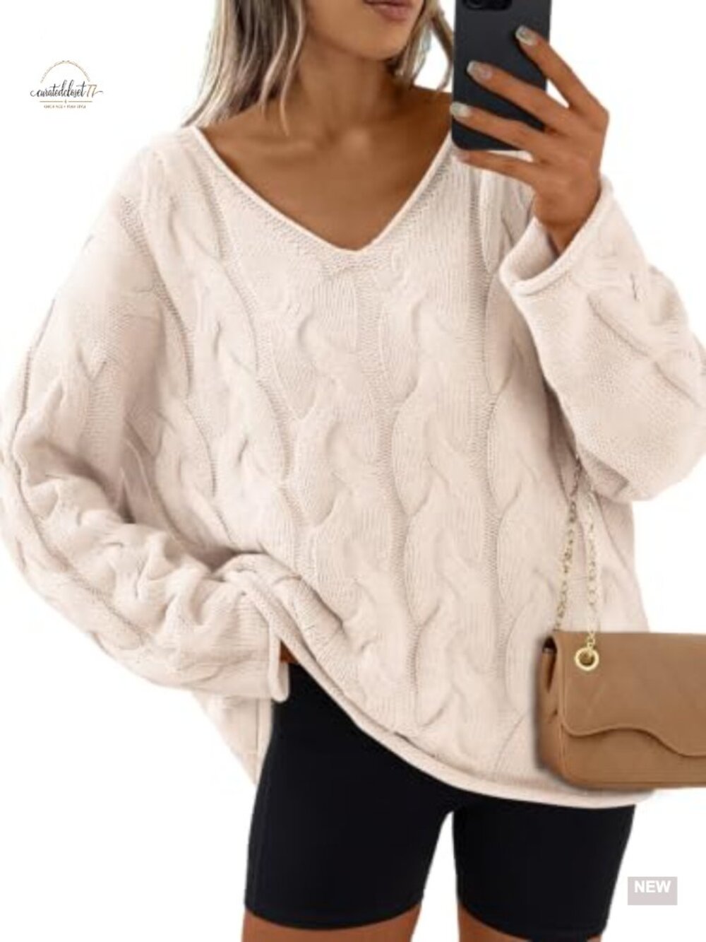Oversized V-Neck Cable Knit Chunky Sweater Pullover Cotton Acrylic